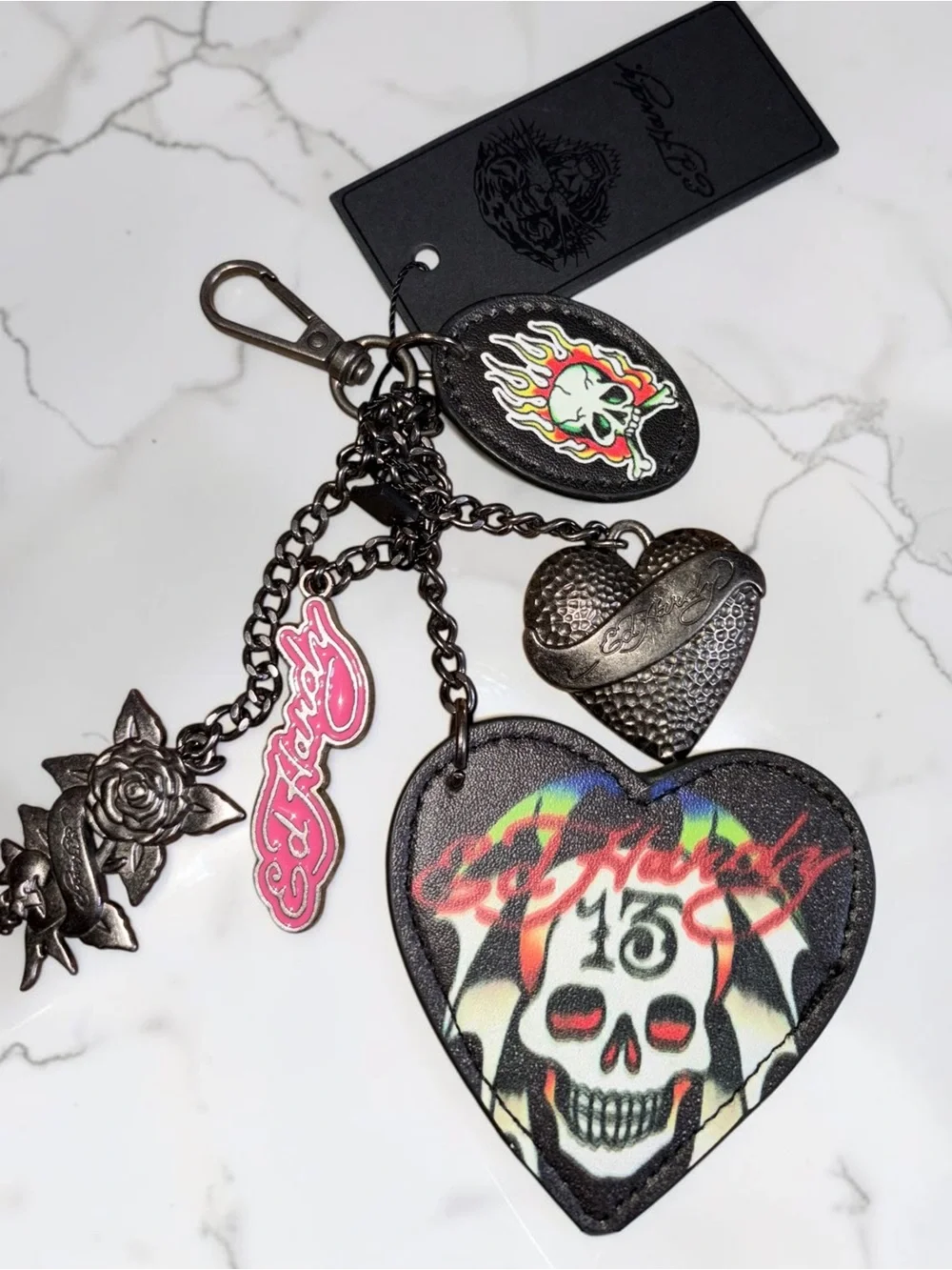 Ed Hardy Black Multi-Charm Heart Skull Key & Lipstick Holder